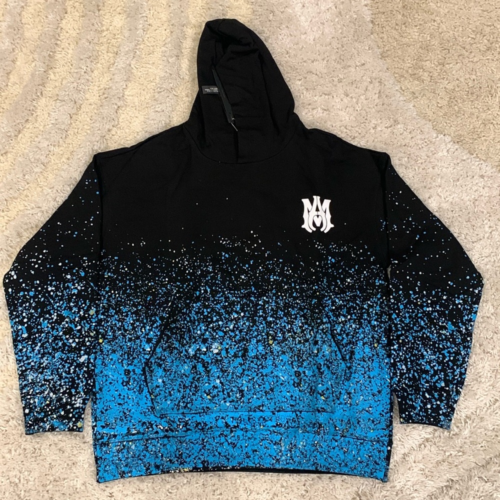 Amiri AM Print Logo Black Painted Blue Splash Hoodie Men’s Size Large
